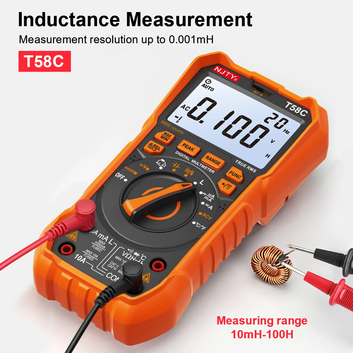 NJTY T58C coil and probe demonstration with visible T58C model marking; seller demonstration, not ITHutir testing.